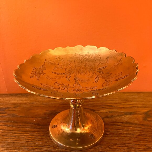 Vintage Etched Brass Bowl on Pedestal Stem - 1970's - Picture 3 of 15